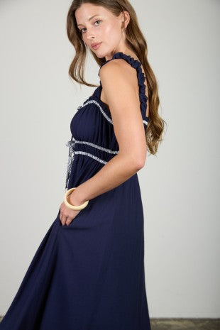 Shirred Stripe Front Tie Sleeveless Midi Dress