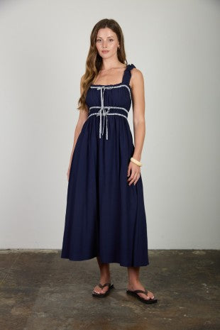 Shirred Stripe Front Tie Sleeveless Midi Dress