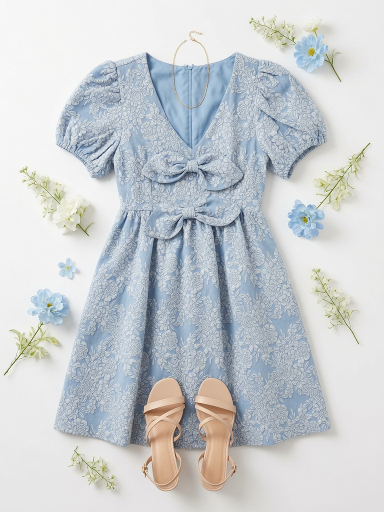Jacquard Puff Sleeve Mini Dress Double Bow Detail