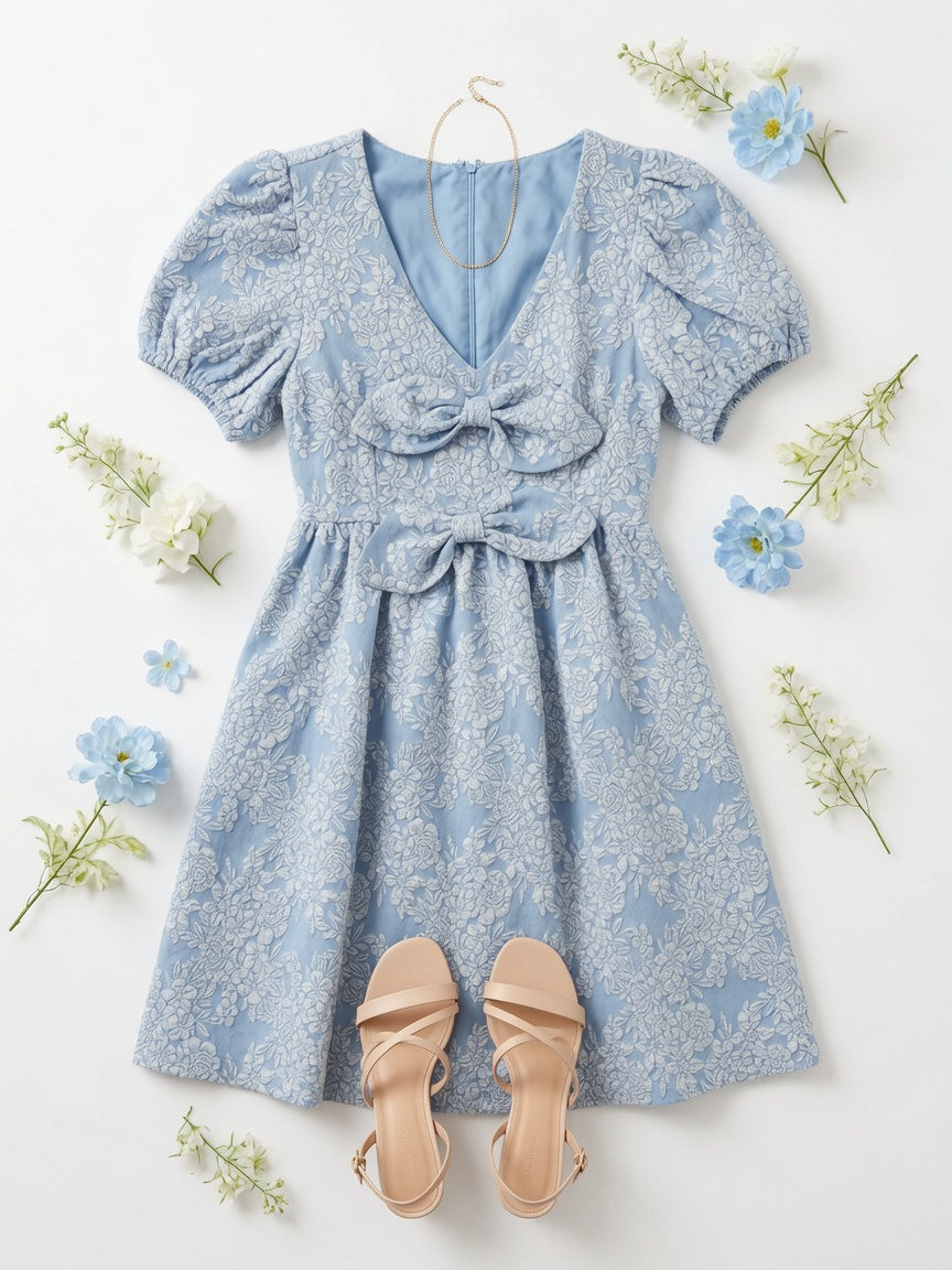 Jacquard Puff Sleeve Mini Dress Double Bow Detail