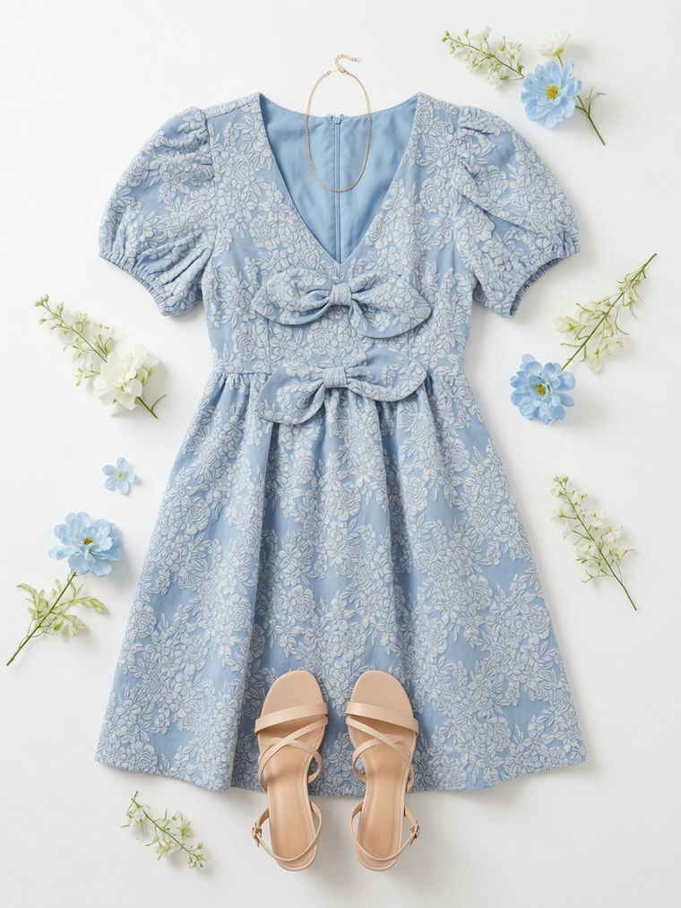Jacquard Puff Sleeve Mini Dress Double Bow Detail