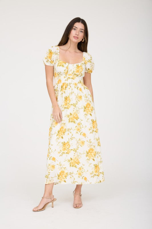 Floral Ruched Bust Puff Sleeve Midi Dress