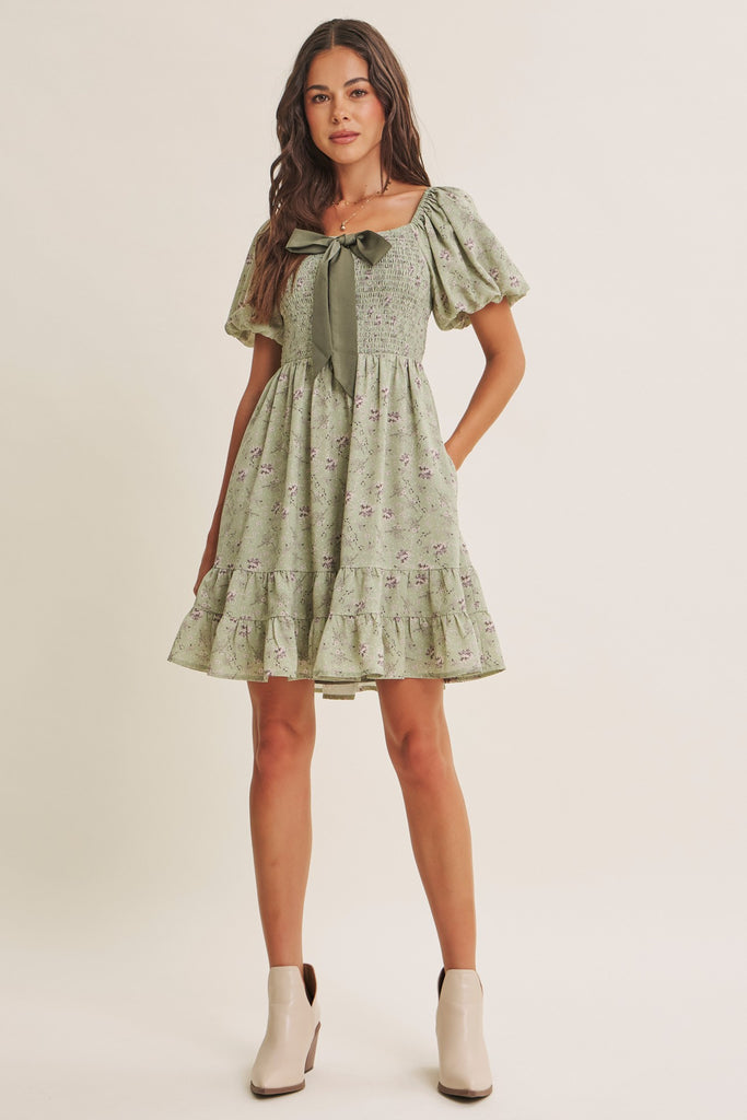 Autumn Garden Bow Smocked Mini Dress With Bubble Slvs