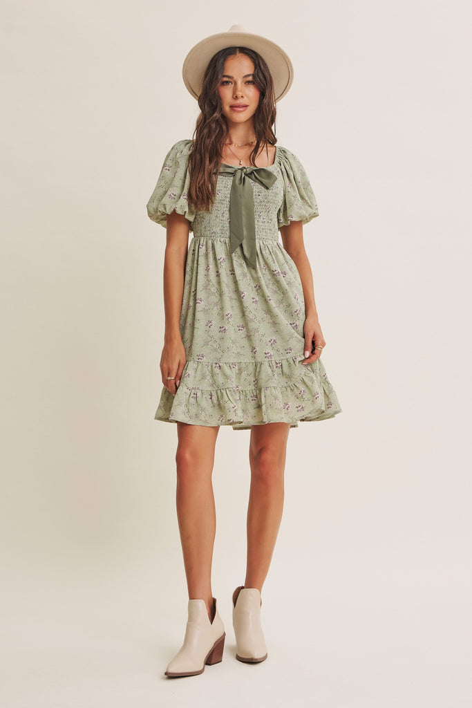 Autumn Garden Bow Smocked Mini Dress With Bubble Slvs