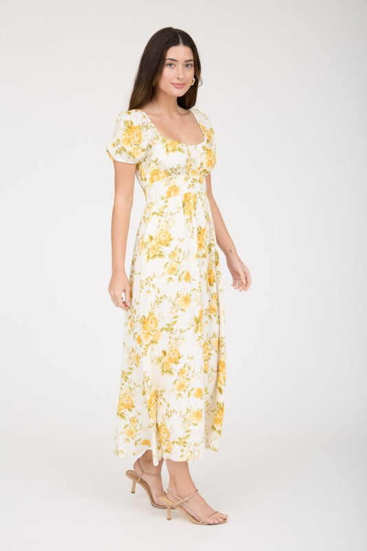Floral Ruched Bust Puff Sleeve Midi Dress