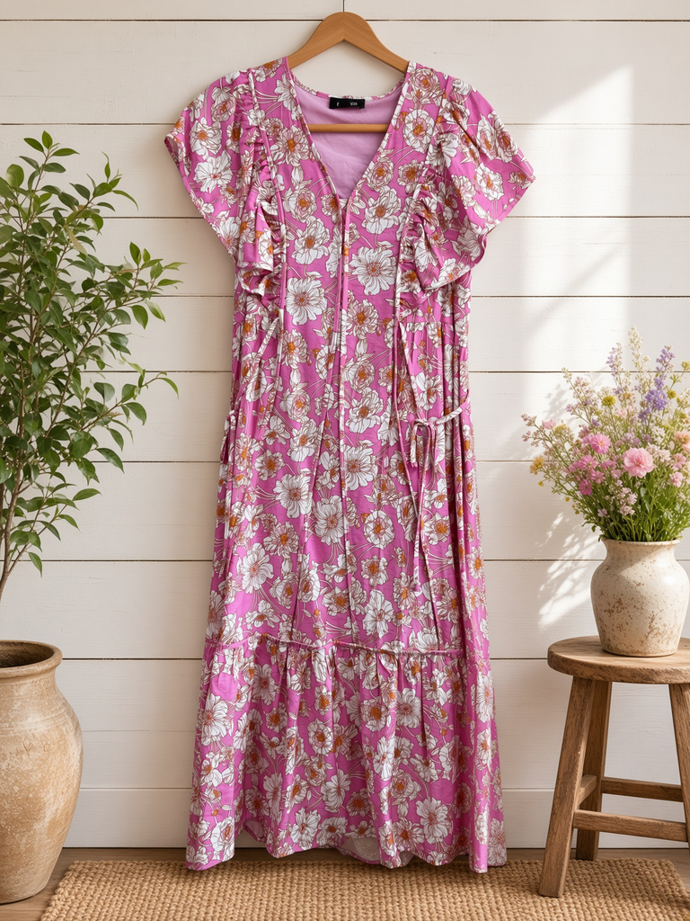 Vibrant Floral Print V-neck Midi Dress