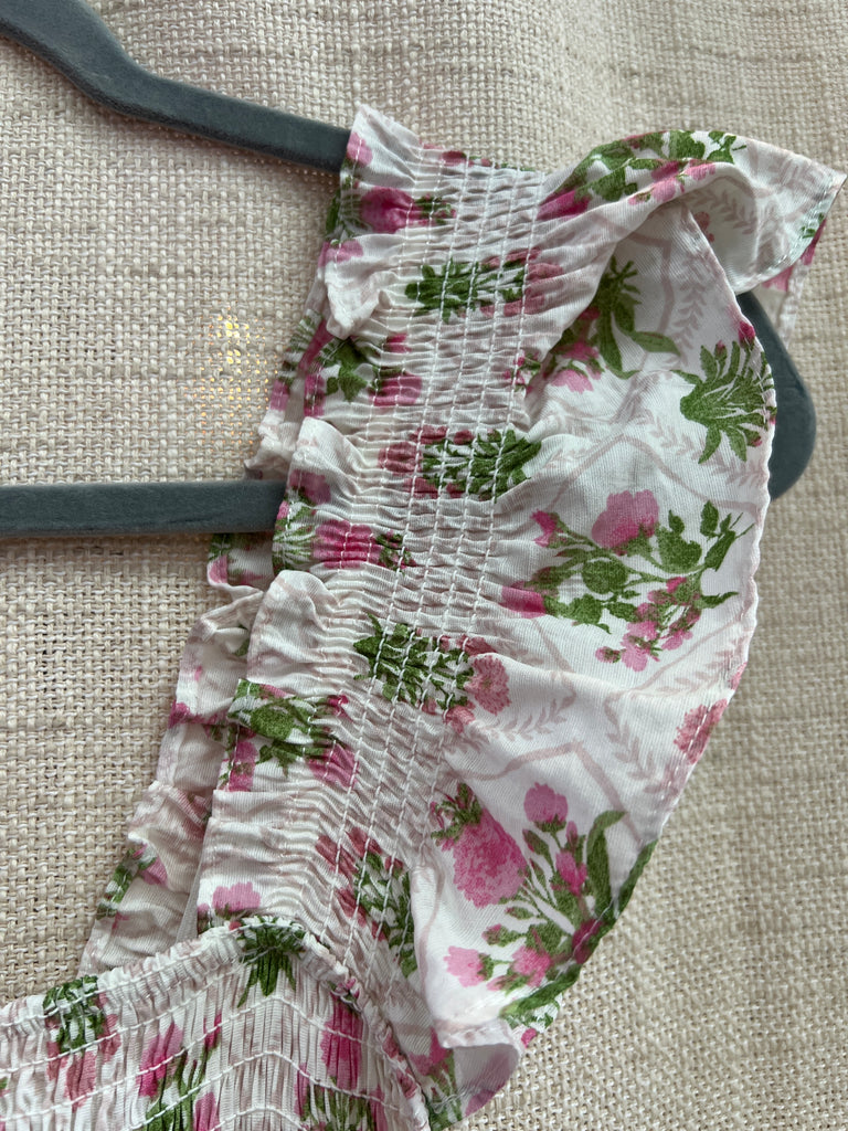 Floral Tile Pattern Smocked Sleeveless Midi Dress