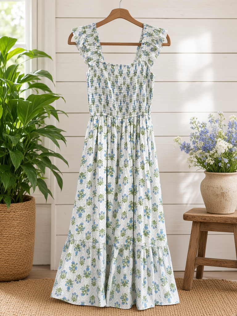 Floral Tile Pattern Smocked Sleeveless Midi Dress