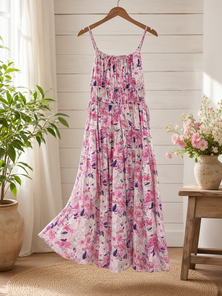 Vibrant Floral Print Ruching Cami Midi Dress