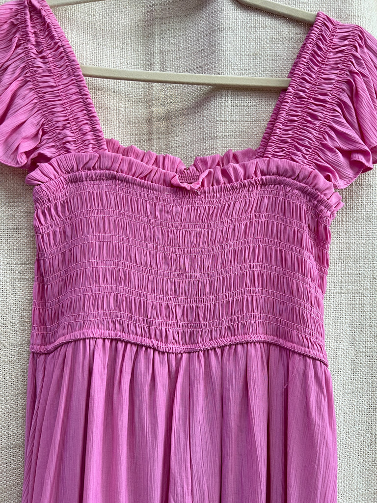 Mock Button Down Smocked Ruffle Detail Midi Dress