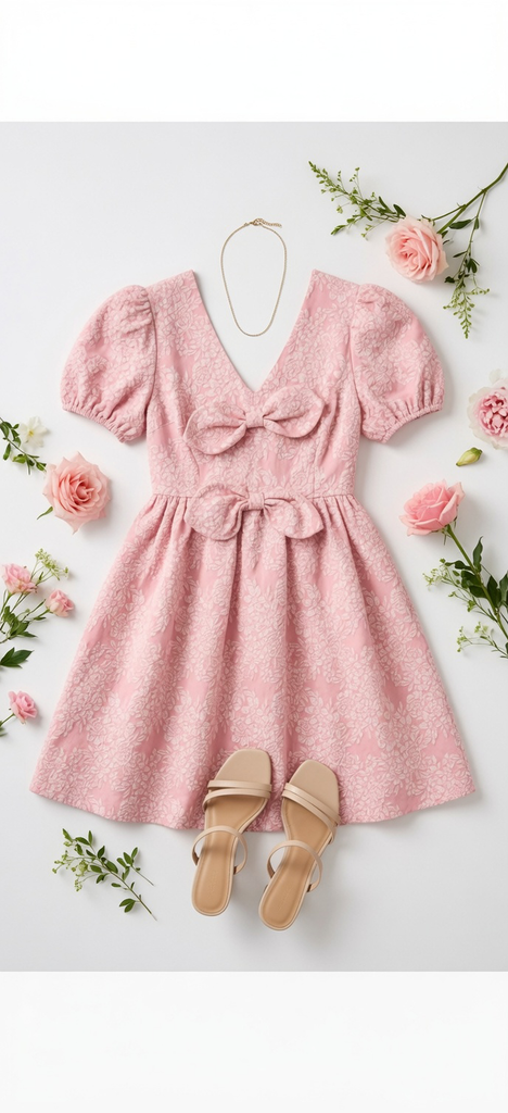 Jacquard Puff Sleeve Mini Dress Double Bow Detail