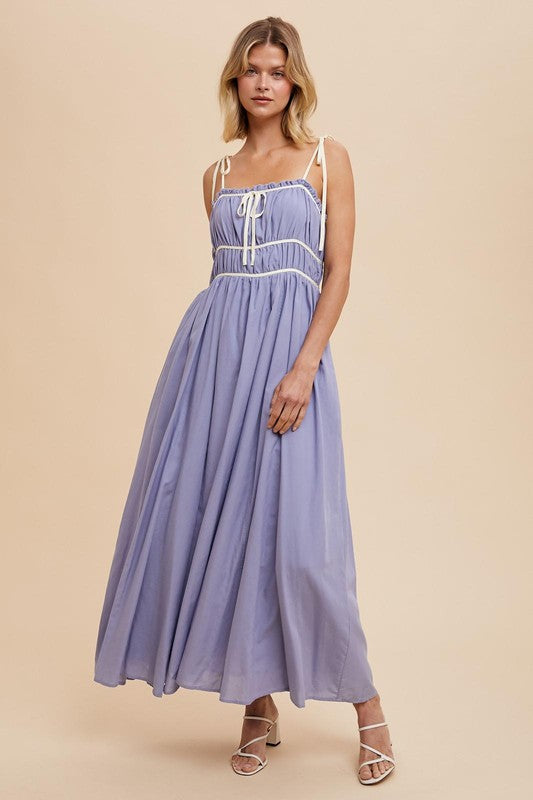 Cotton Blend Contrast Trim Maxi Dress