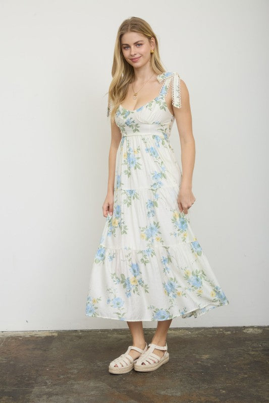 Floral Tie Strap With Scallop Lace Trim Midi Dress