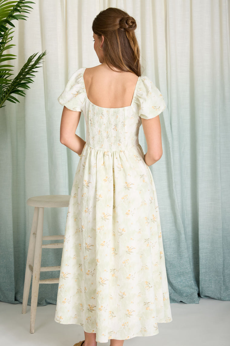 Floral Sweetheart Puff Sleeve Corset Midi Dress