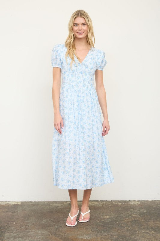 Floral Puff Sleeve V Neck Corset Detail Midi Dress