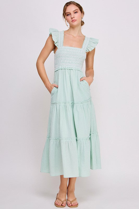 Smocked Ruffle Strap Tiered Midi Dress
