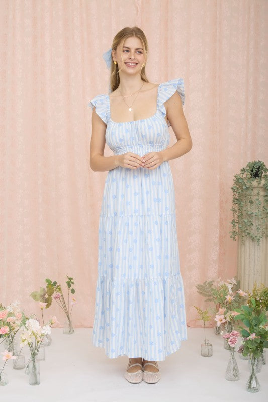 Stripe Floral Flounce Strap Tiered Midi Dress