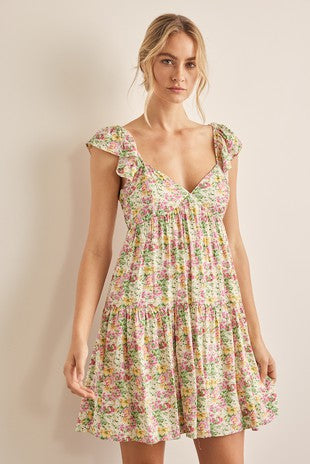 GARDEN FLORAL MINI DRESS WITH FRILL SHOULDERS