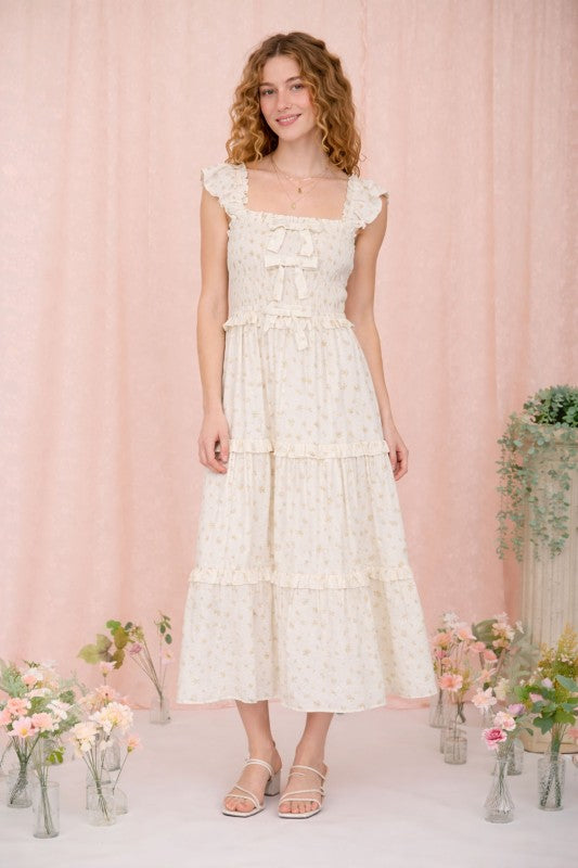Ditsy Floral Front Bow Smocked Tiered Midi Dress