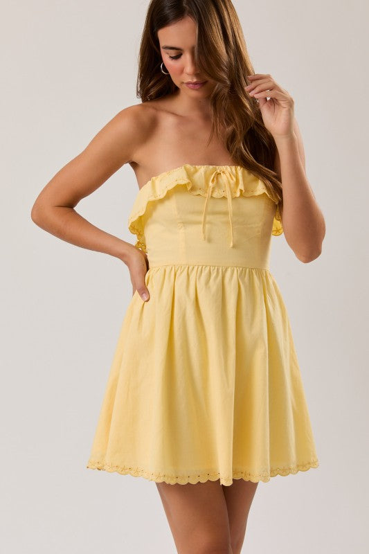 Strapless Eyelet Scallop Hemline Detail Mini Dress