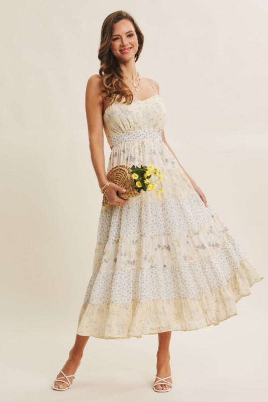 Meadow-inspired Mixed Floral Bow-back Midi Dress