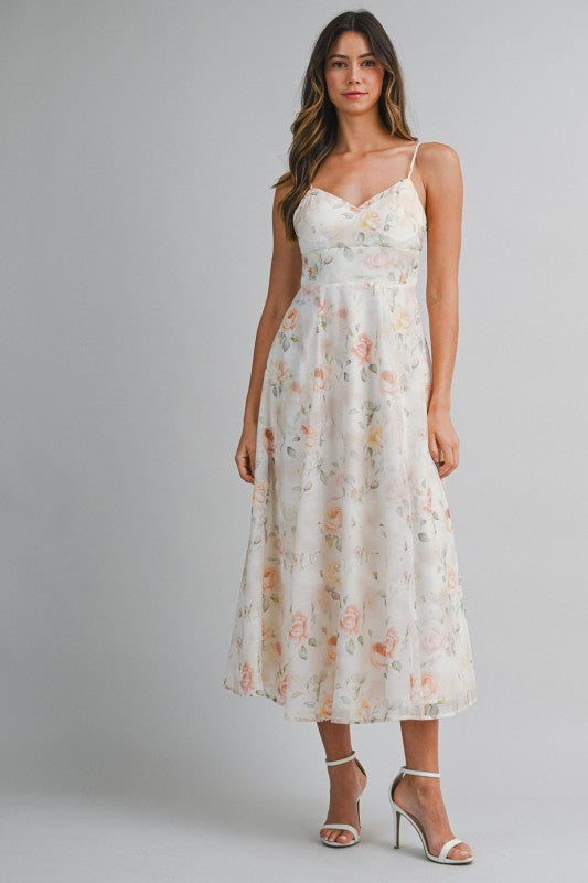 Floral Print Spaghetti Adjustable Strap Midi Dress