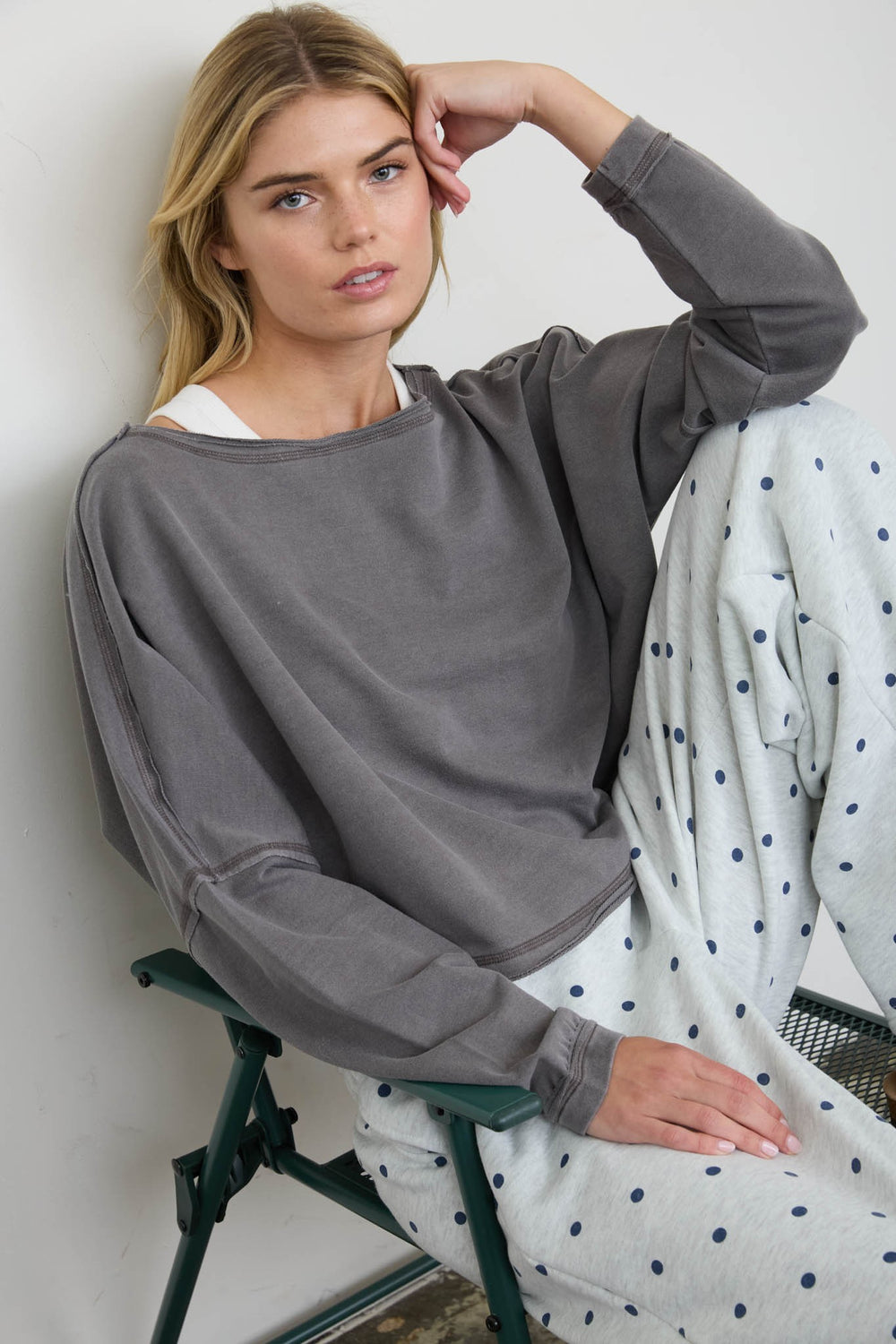 Boat Neck Raw Edge Long Sleeve Cropped Knit Top