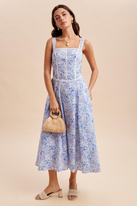 Contrast Piped Floral Maxi Dress