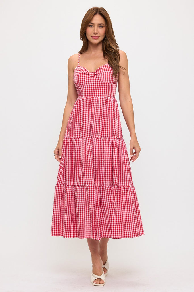 Gingham Bow Bust Tie Back Tiered Maxi Dress