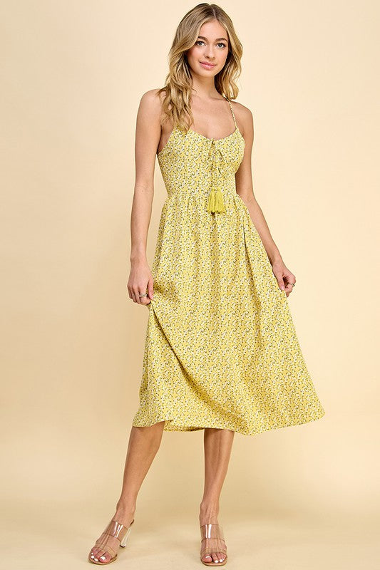 Floral Tassel Tie Back Midi Dress
