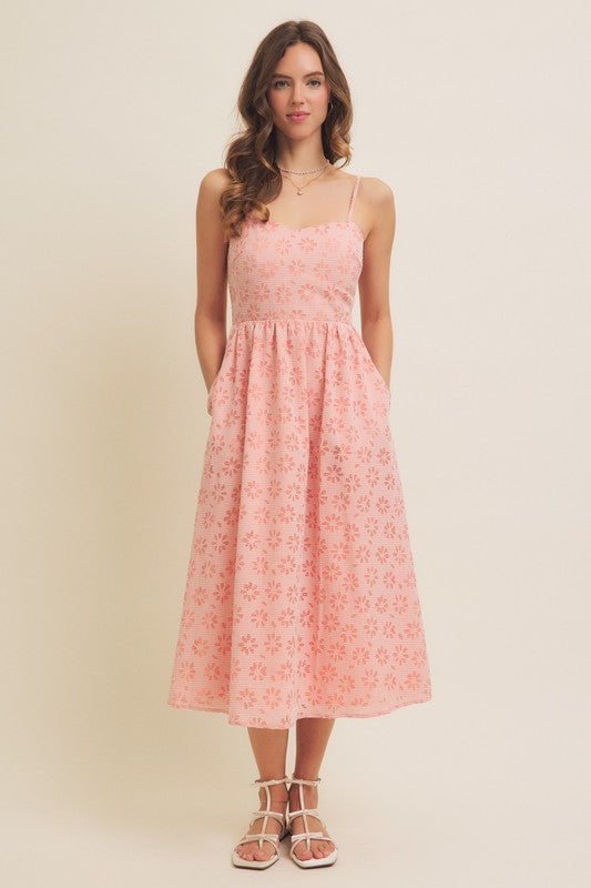 Sweetheart Floral Laser Cut Gingham Midi Dress