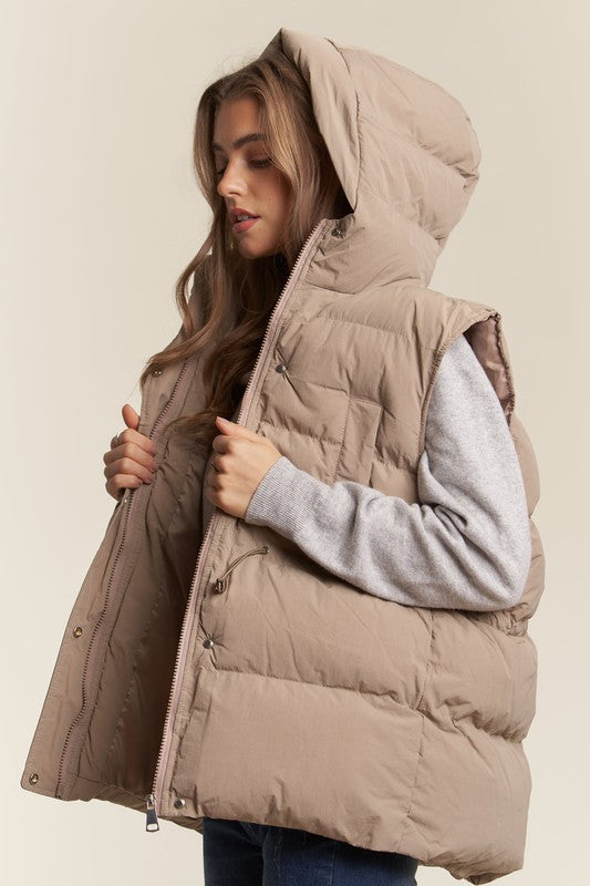 PUFFY HOODIE VEST WITH WAIST DRAWSTRING