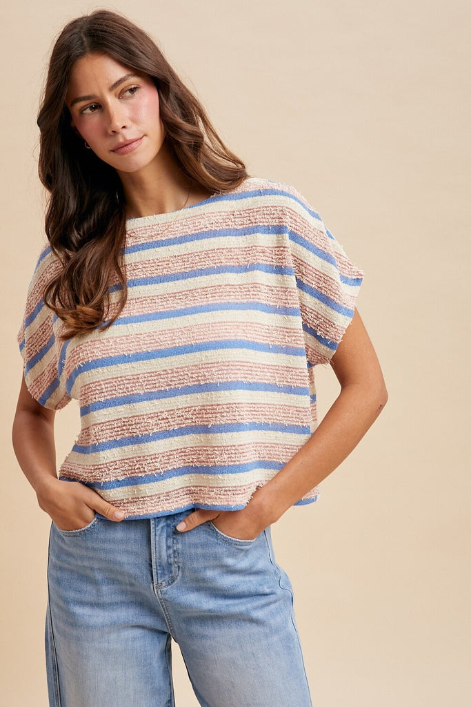 Tweed Texture Striped Crop Knit Top