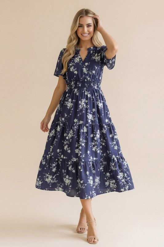 Plus Frilled Notch Neck Smocked Waist Floral Dress