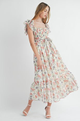 FLORAL PRINT SQUARE NECK SMOCKED TIERED MIDI DRESS