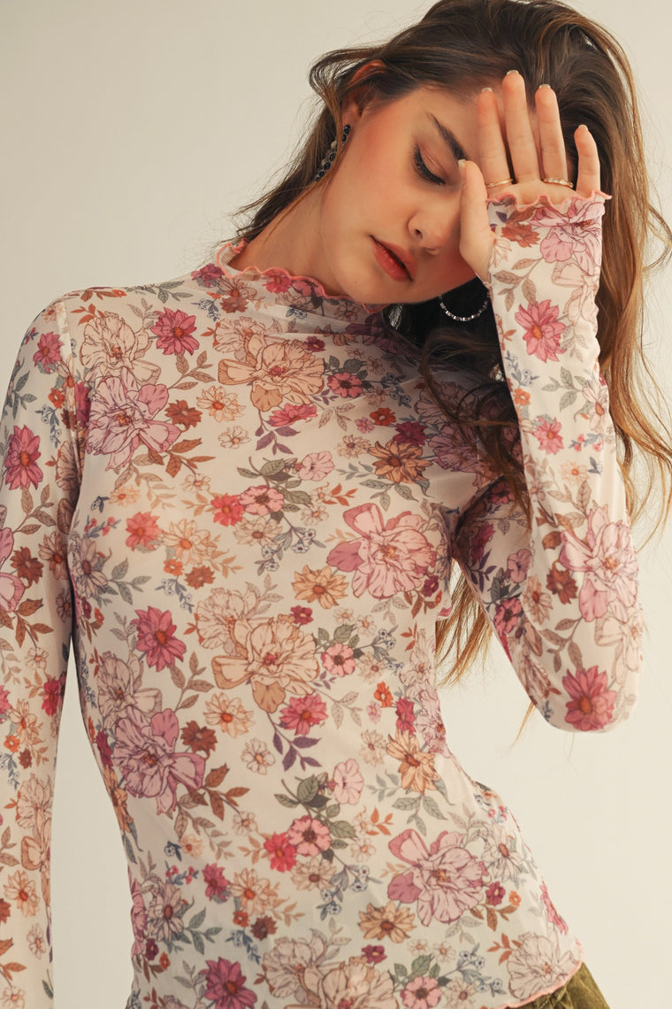 Mesh Floral Thumb Hole Top
