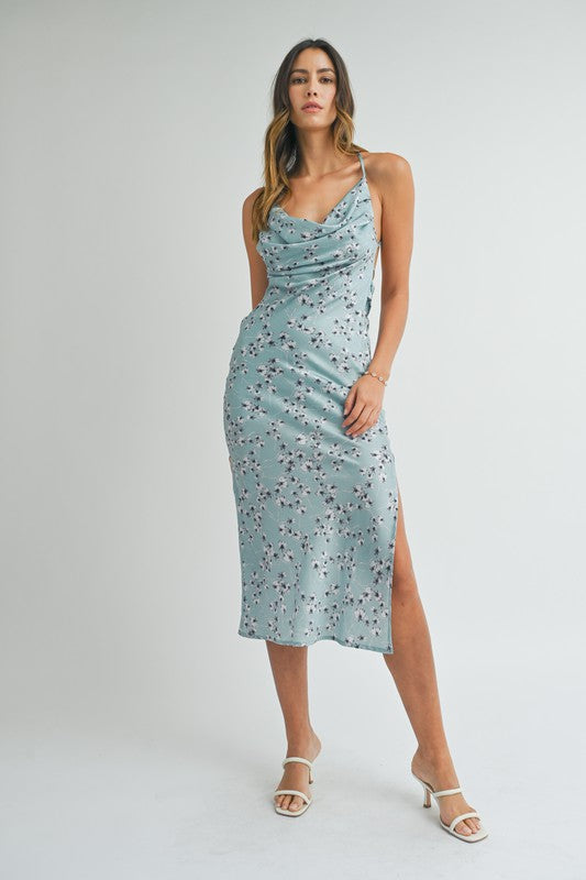 SATIN FLORAL PRINT COWL NECK DRAPE MIDI DRESS