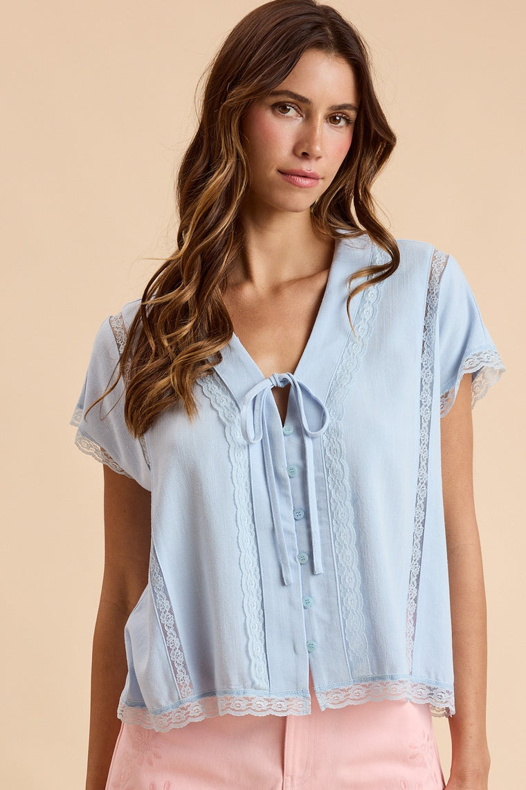 Linen Tie- Front Oversized Top With Lace Accent