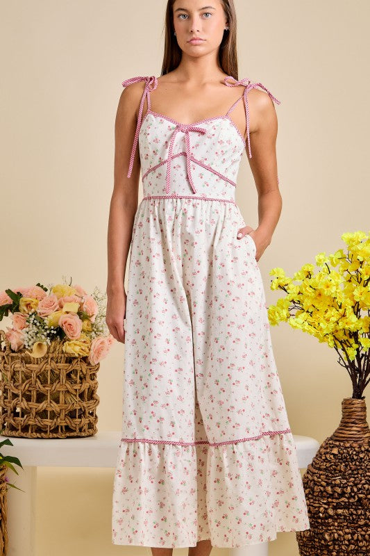 Pink Floral Tie Strap Midi Summer Sundress