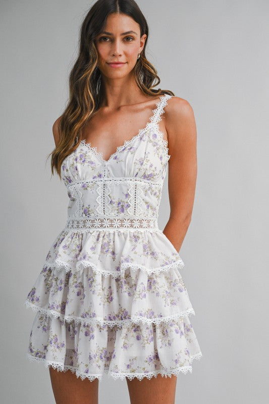 Floral Print Lace-trim Detail Ruffle Tiered Mini Dress