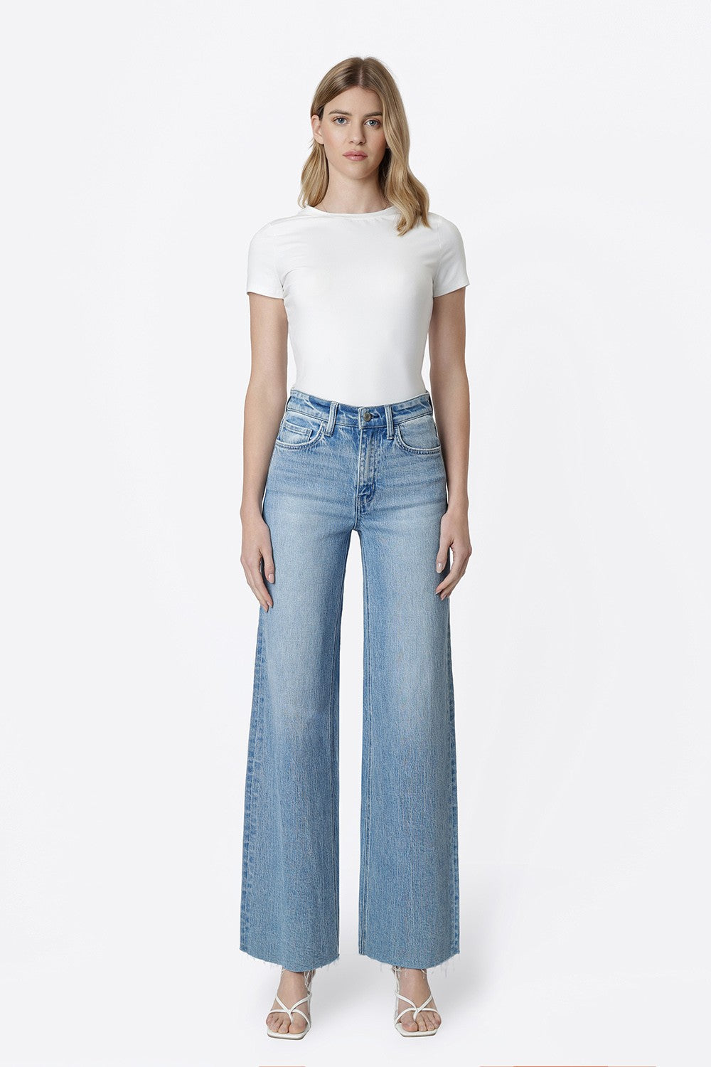 High Rise Clean Cut Raw Hem Wide Jeans