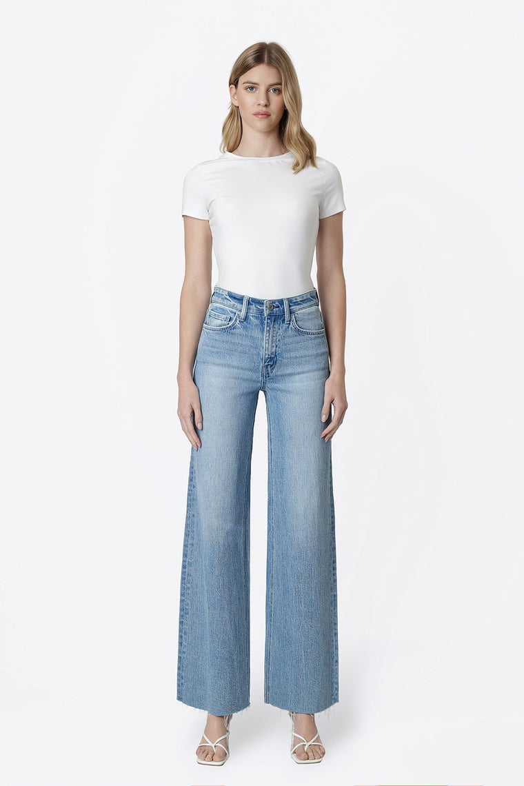 High Rise Clean Cut Raw Hem Wide Jeans