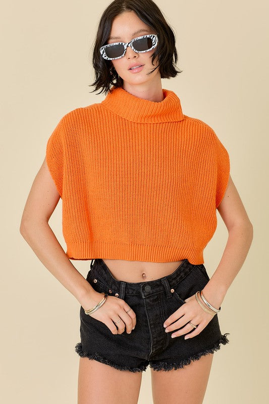 TURTLE NECK SLEEVELESS BOXY SWEATER CROP TOP