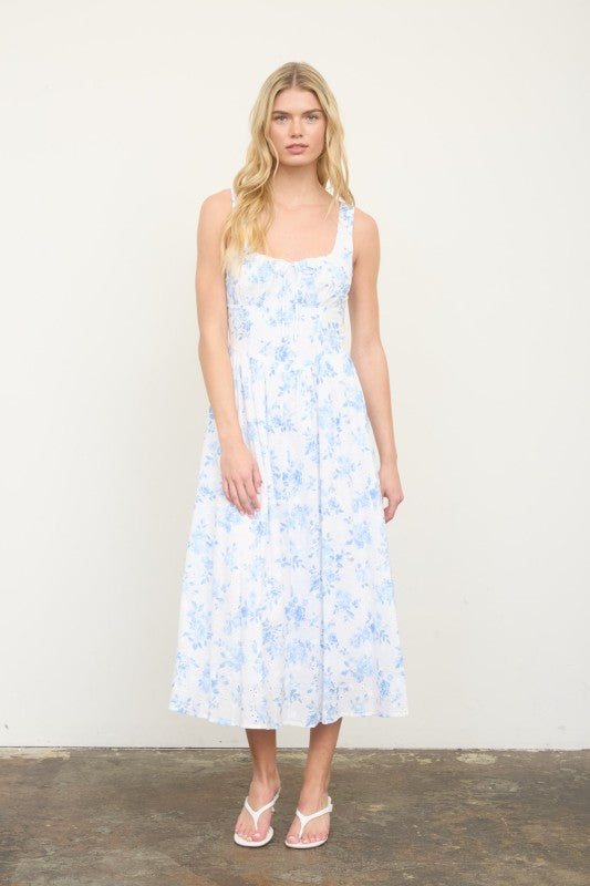 Floral Pattern Front Tie Corset Midi Dress