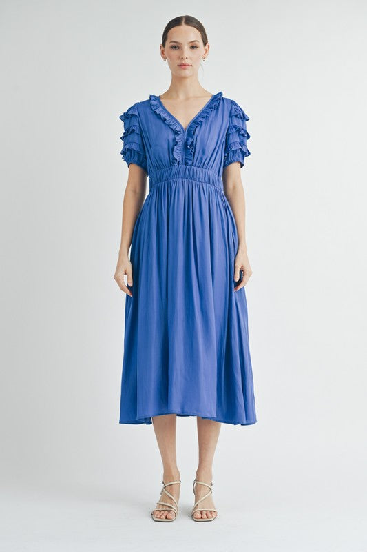 Ruffled V-neck Midi Dress With Elastic Waist