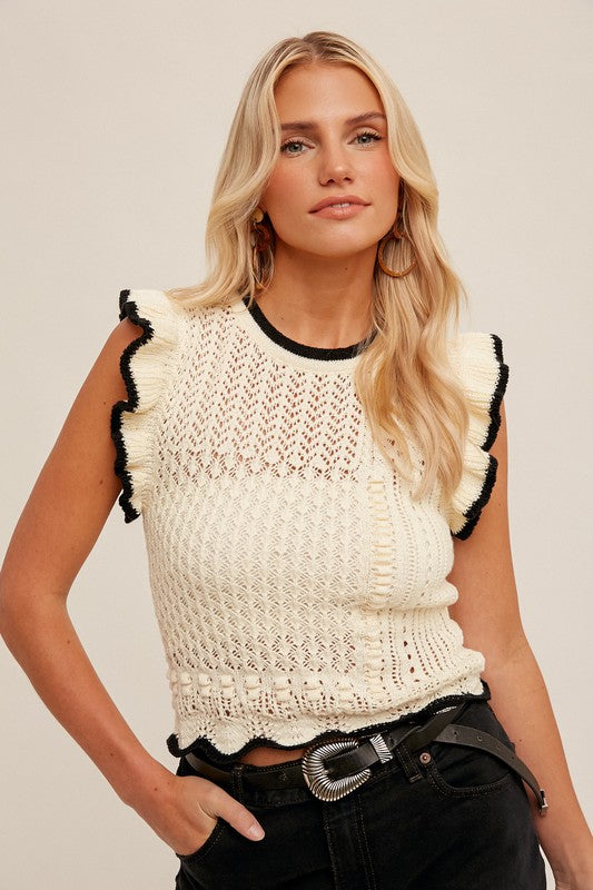 POINTELLE RUFFLED KNIT TOP