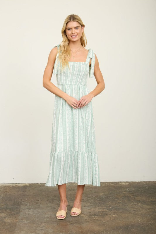 Stripe Floral Smocked Tie Strap Detail Midi Dress