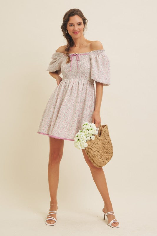 Romantic Ditsy Smocked Mini Dress With Bubble Slvs