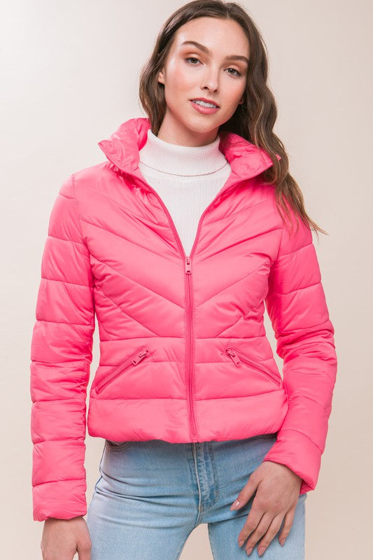 Zip Up Puffer Jacket With Storage Bag