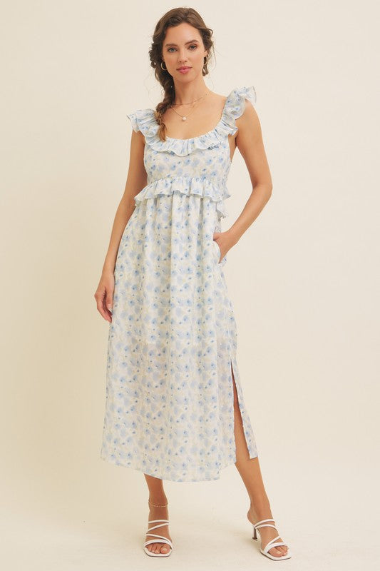 Romantic Floral Slit Midi Dress With Ruffles